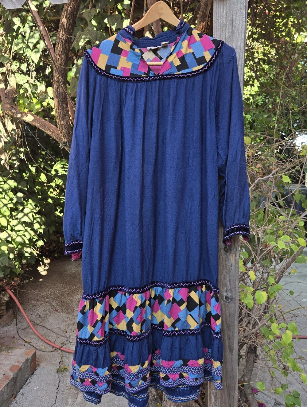 Vintage 70s Hippie India Dress with Multicolor Geometric Trim